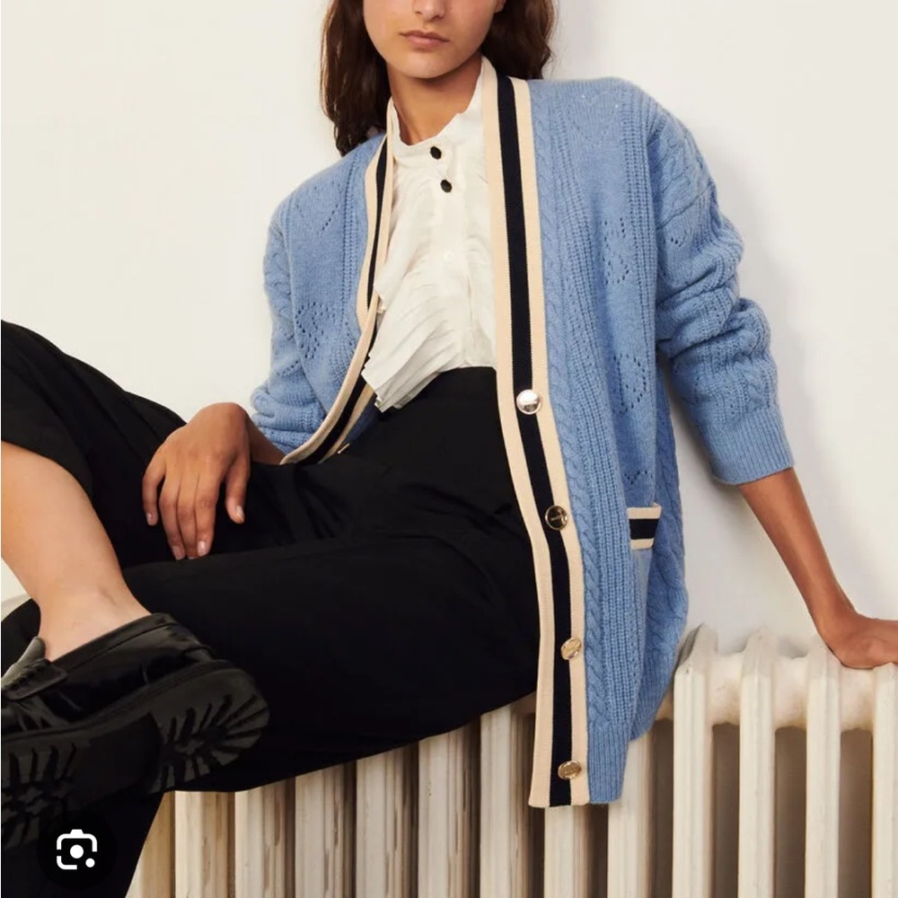 Sandro Blue Wool Erwan Pointelle Knit Women's Cardigan Sweater